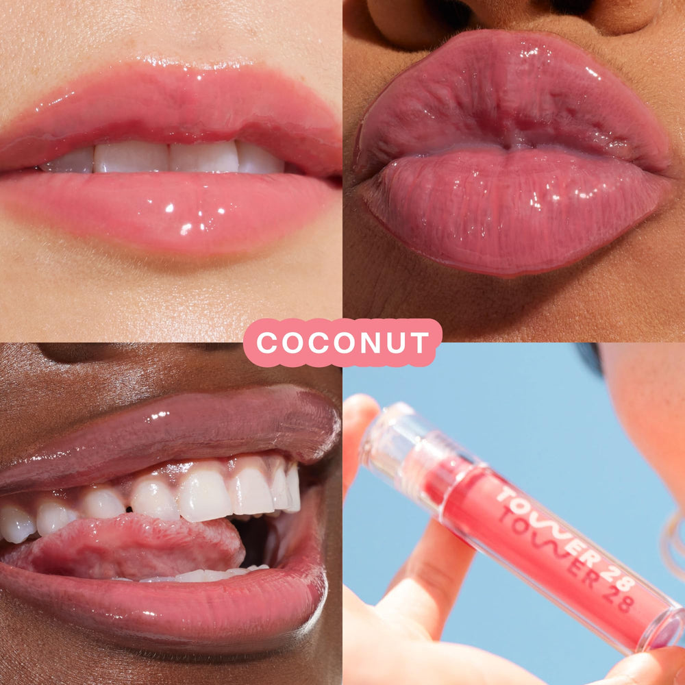 Tower 28 close-up texture of jelly gloss highlighting moisturizing finish