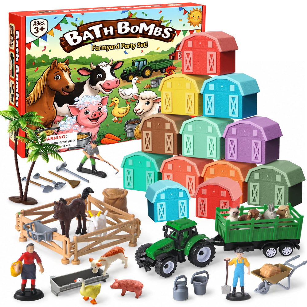 Toylink front packaging showing 12 scented farm bath bombs and toys, perfect gift