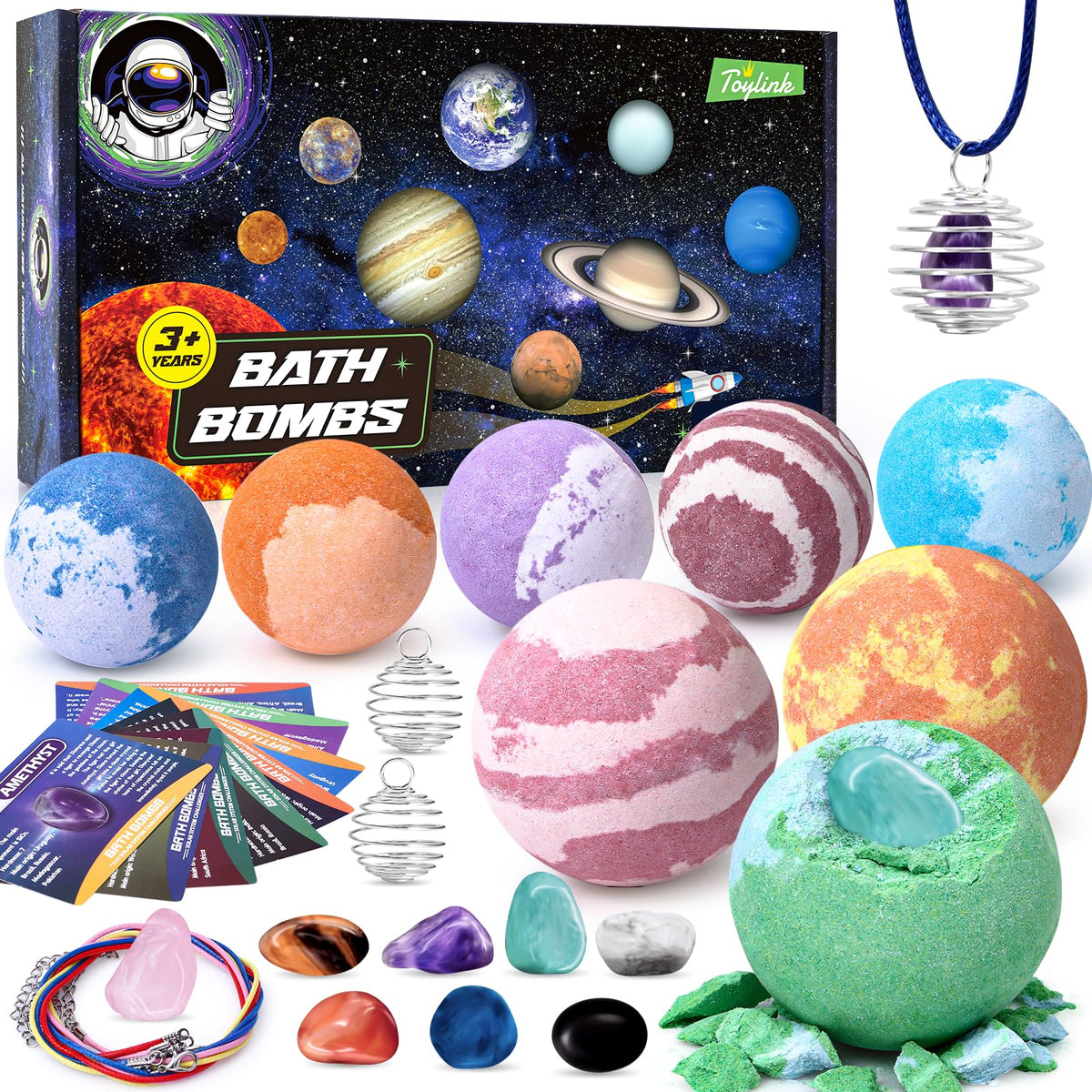 Toylink front packaging showing eight planet bath bombs and included accessories for gifting