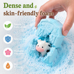 Toylink bath bomb split open revealing a surprise farm animal toy for play