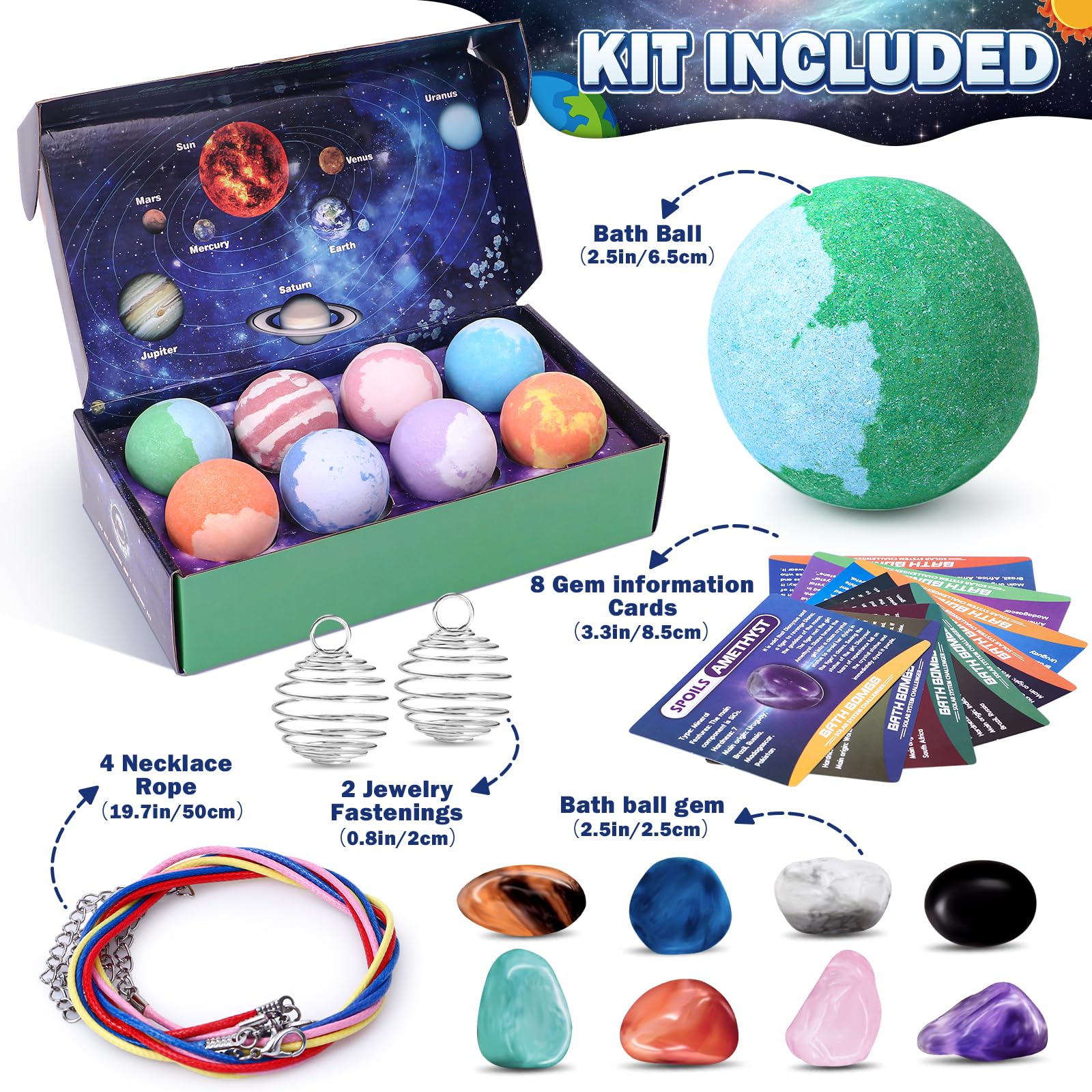 Toylink lineup of eight colorful planet-shaped bath bombs displaying variety and scents