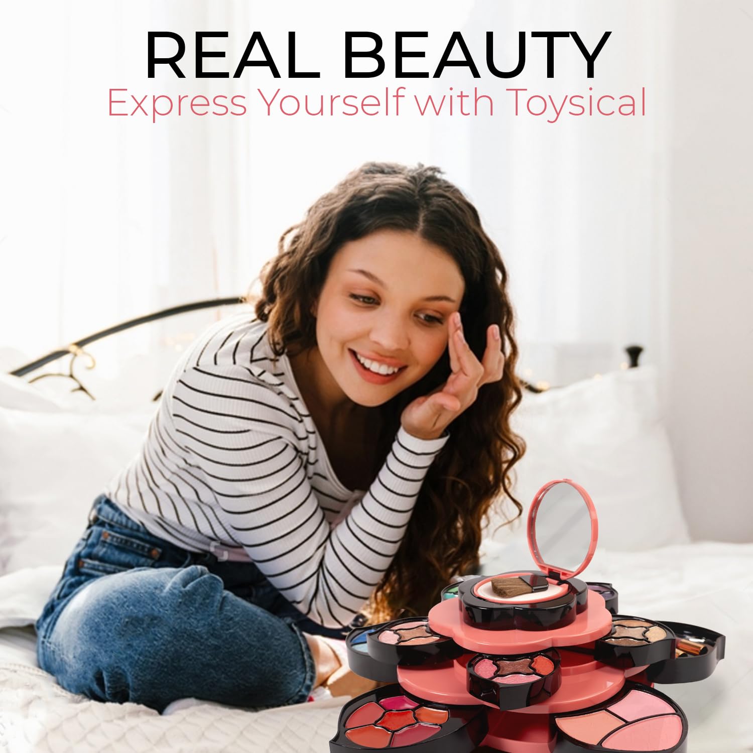 Toysical brushes and mirror laid out showing included application tools