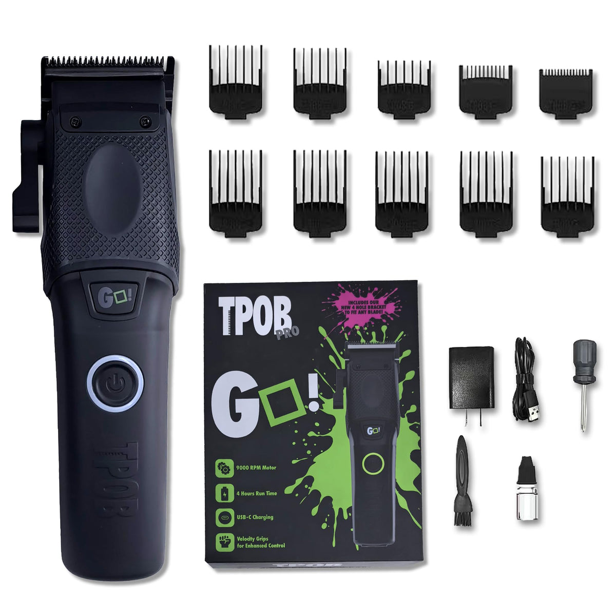 TPOB clipper front view showing sleek black housing and controls for professional use