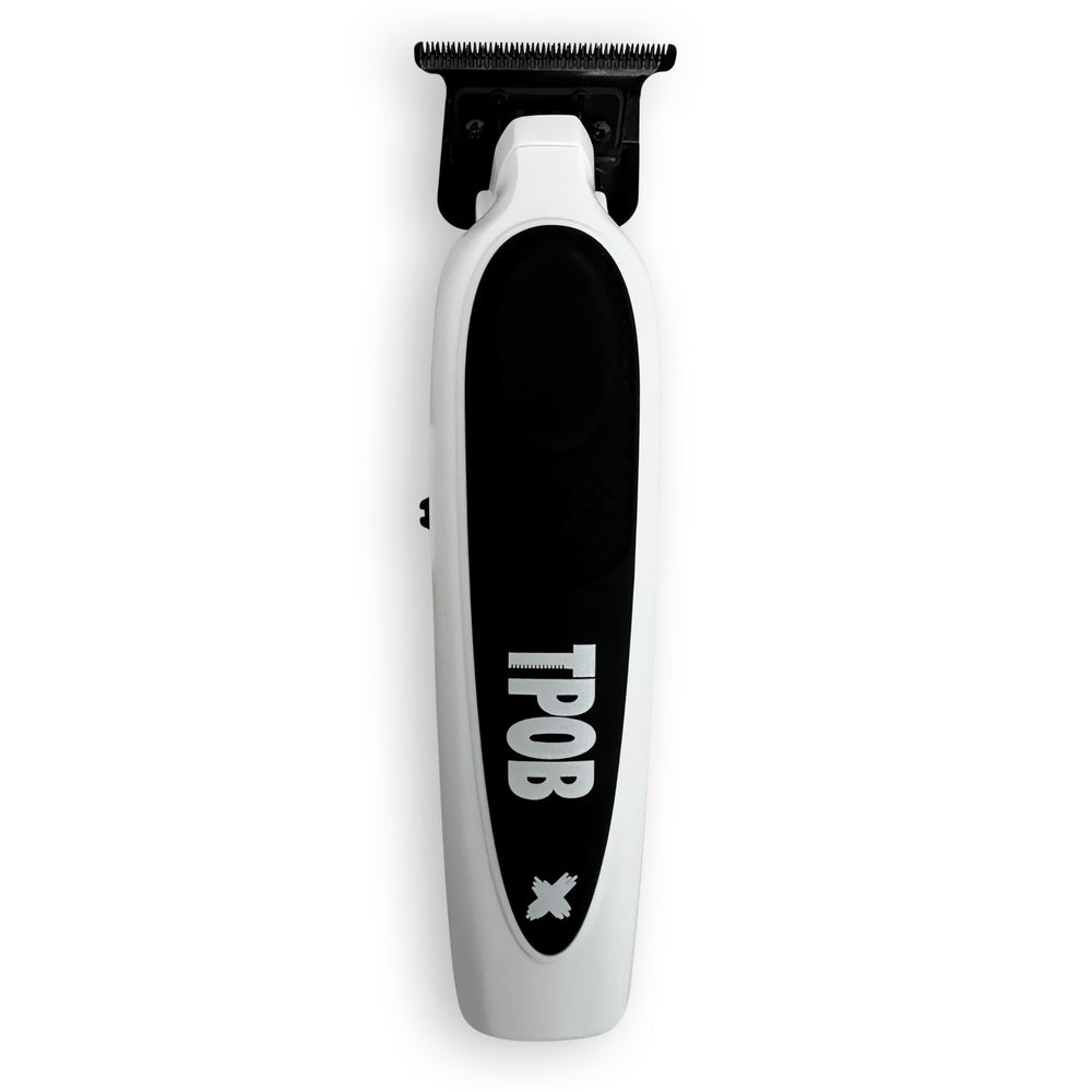 TPOB white trimmer front view showing sleek all-metal body and ergonomic grip for precise handling