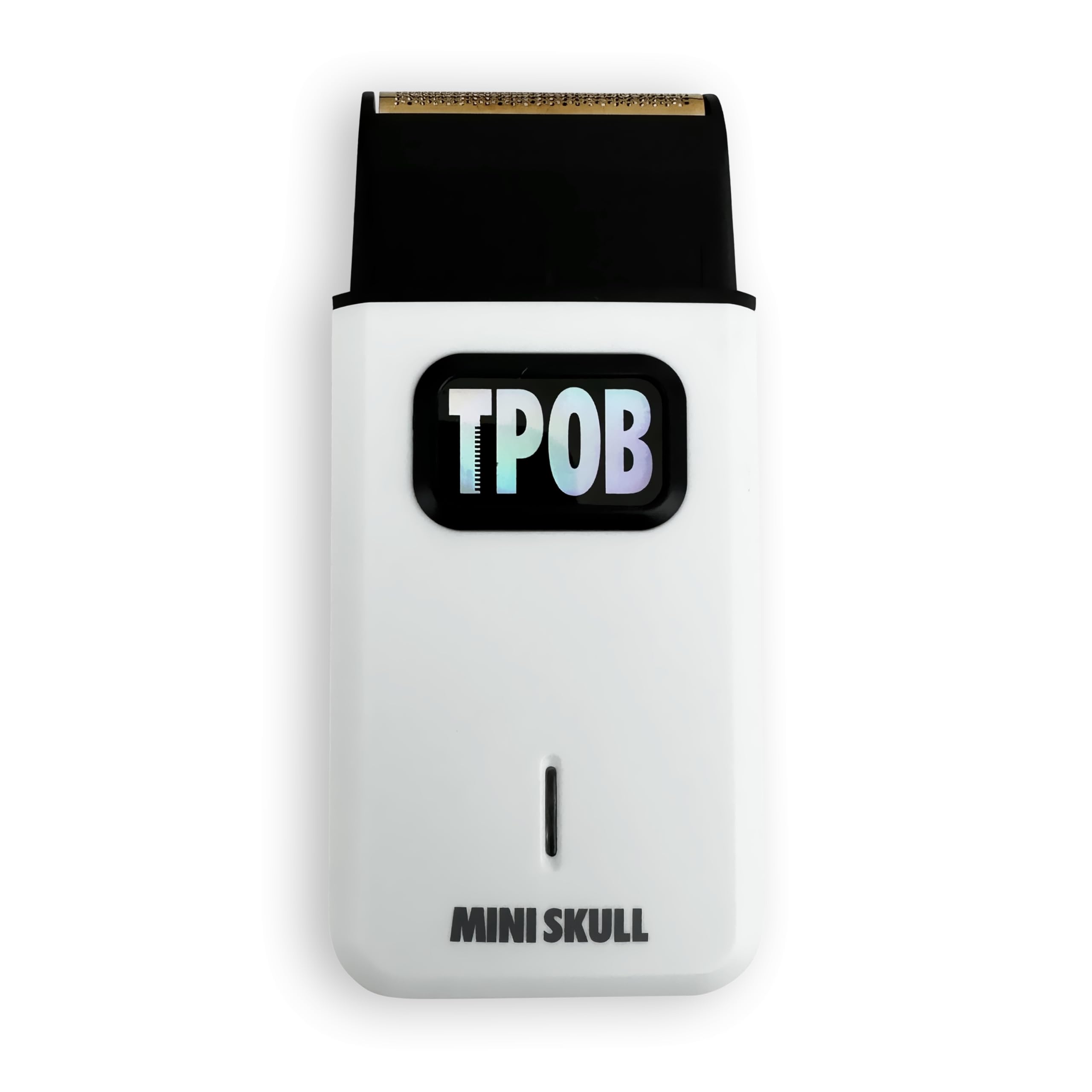 TPOB Mini Skull front view showing compact white design and button for easy carrying