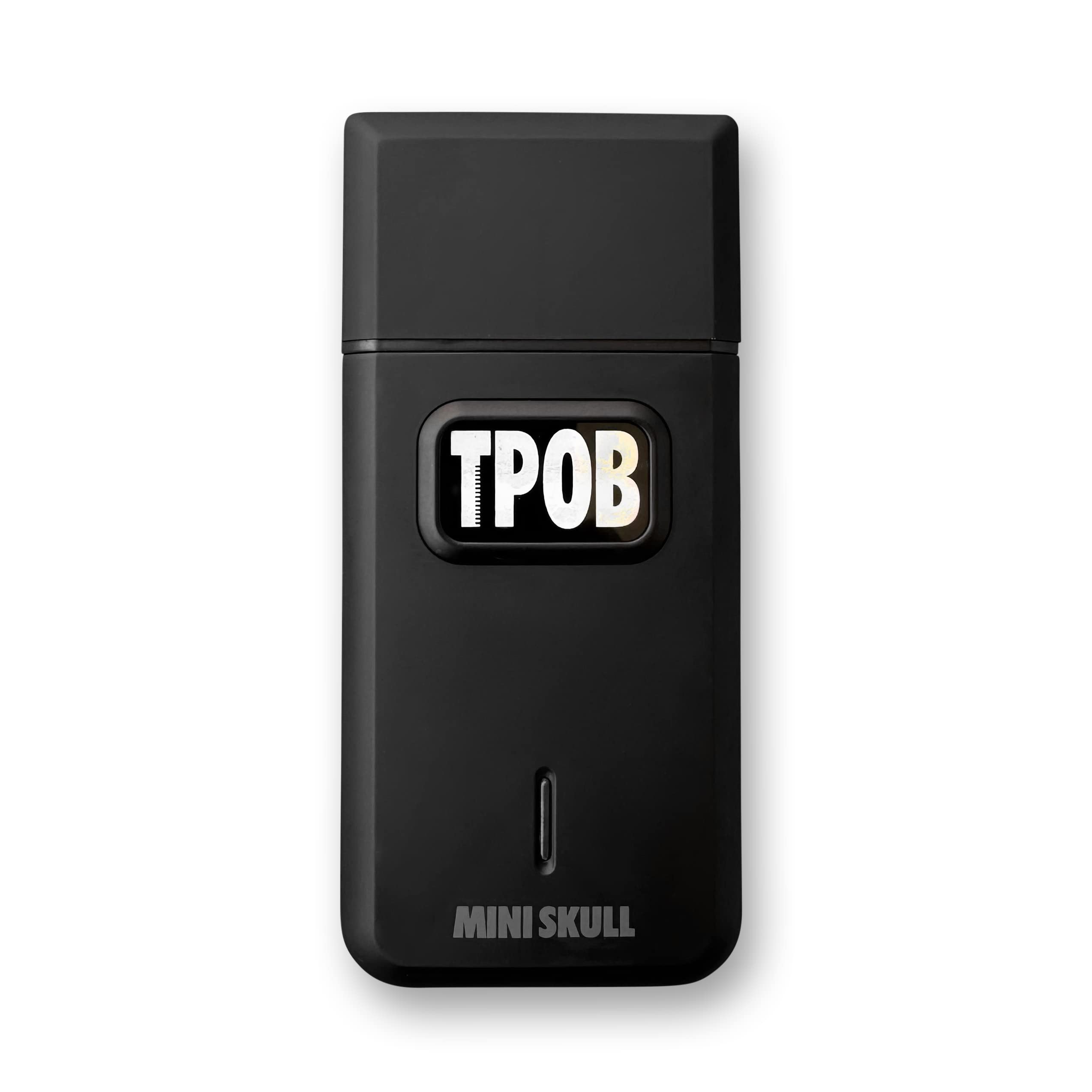 TPOB front view of compact shaver showing sleek black finish and portability