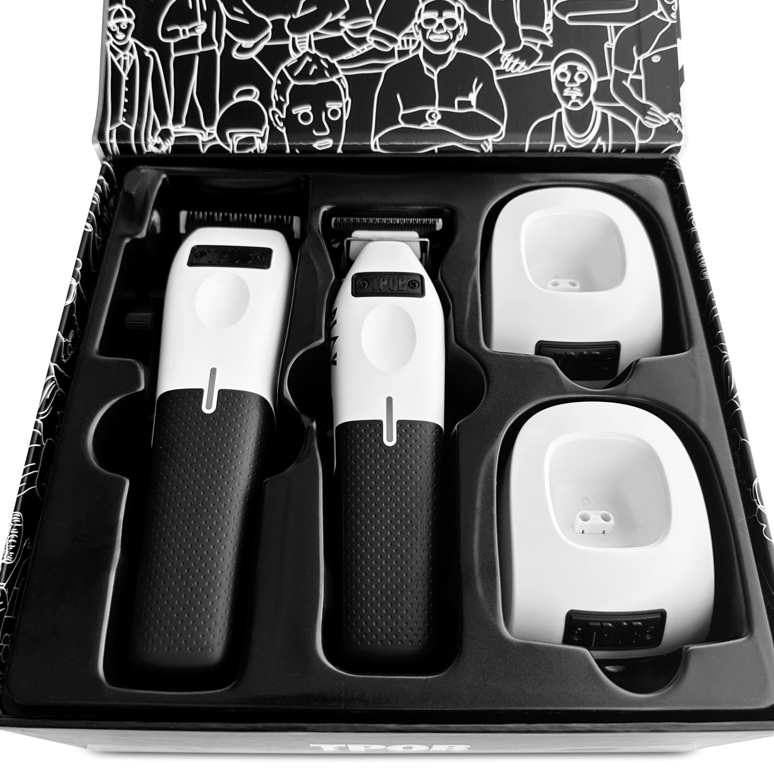 TPOB Play charging base with both clippers docked, keeps devices charged and organized benefit