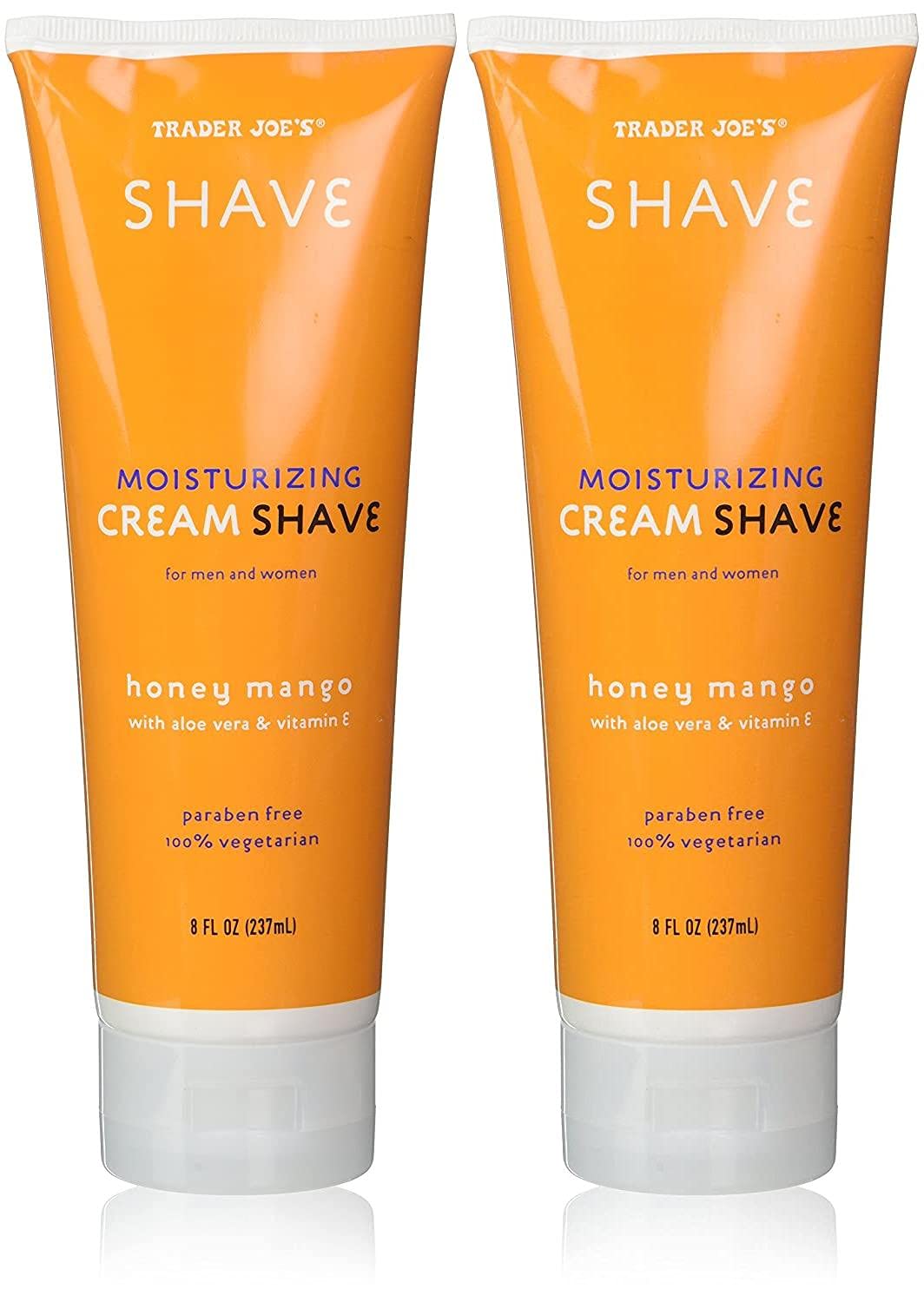 Trader Joe's honey mango shave cream front view shows packaging and moisturizing benefits