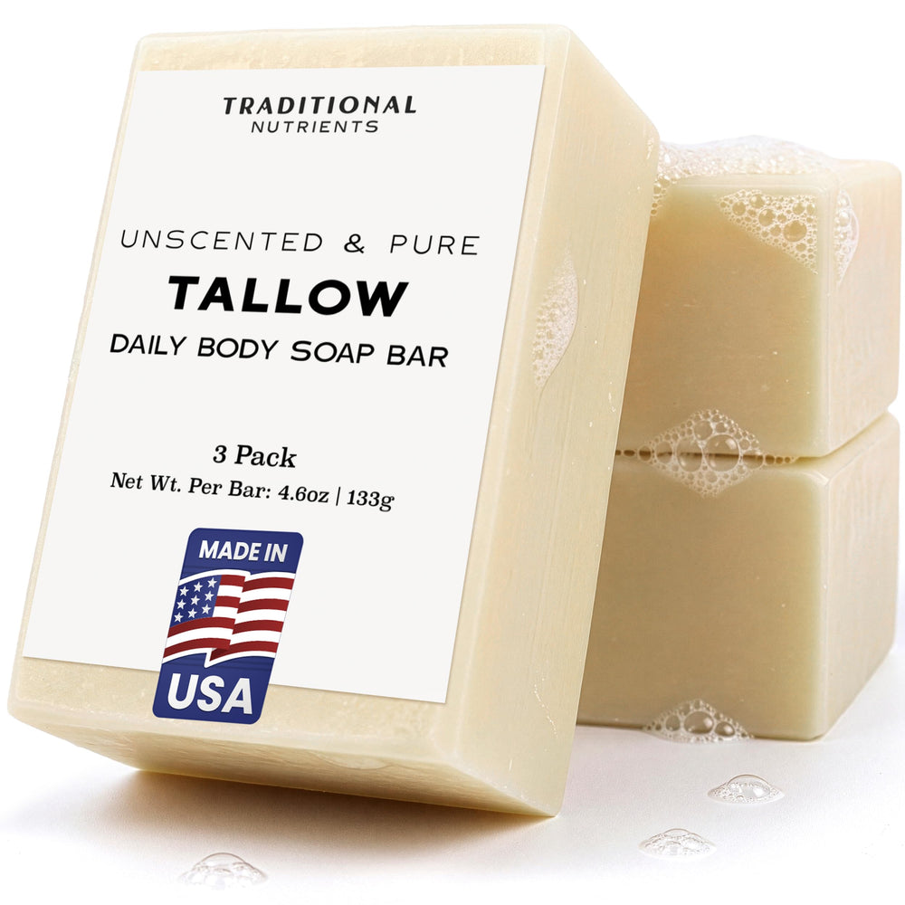 TRADITIONAL NUTRIENTS front packaging showing unscented tallow soap bar and clean labeling for simple care