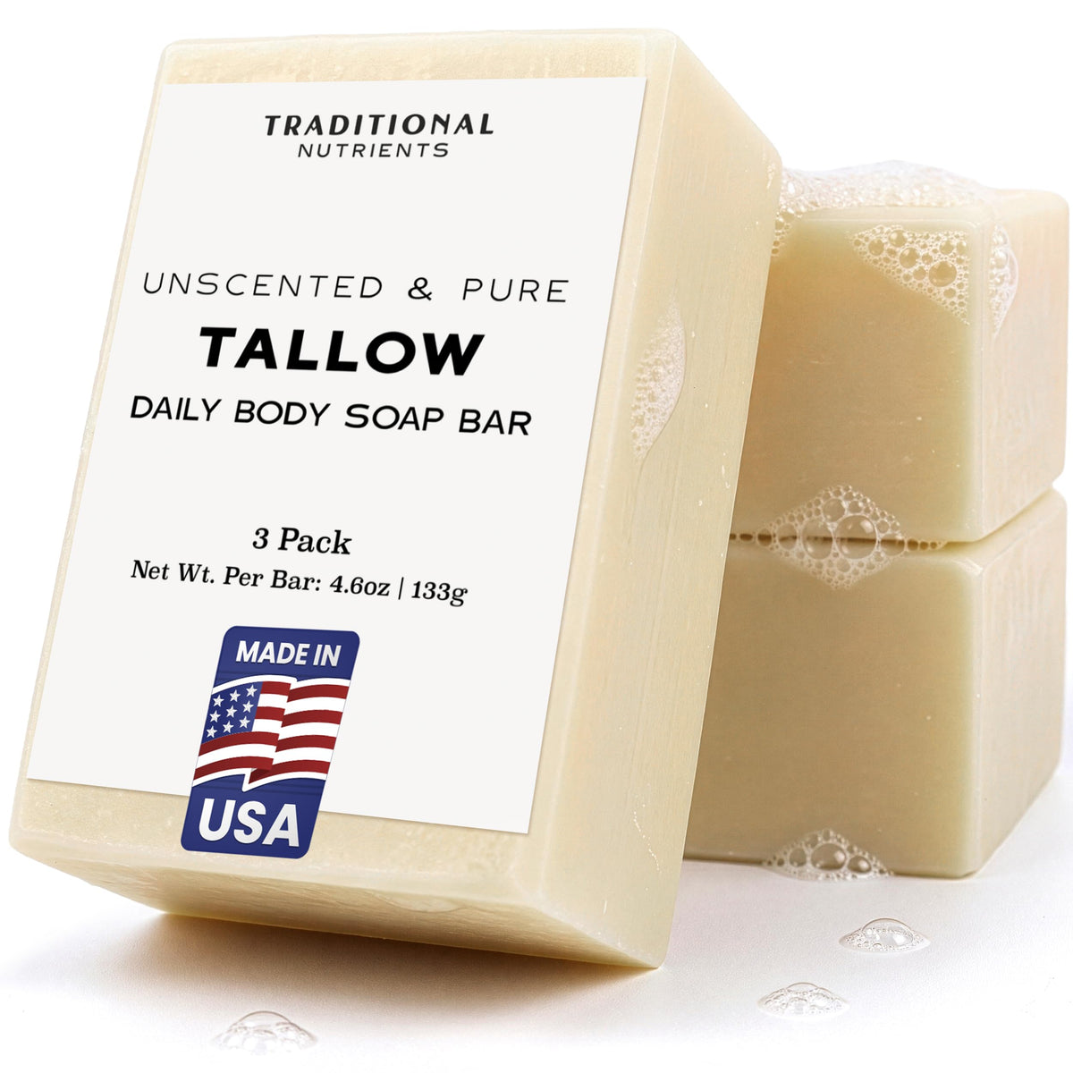 TRADITIONAL NUTRIENTS front packaging showing unscented tallow soap bar and clean labeling for simple care