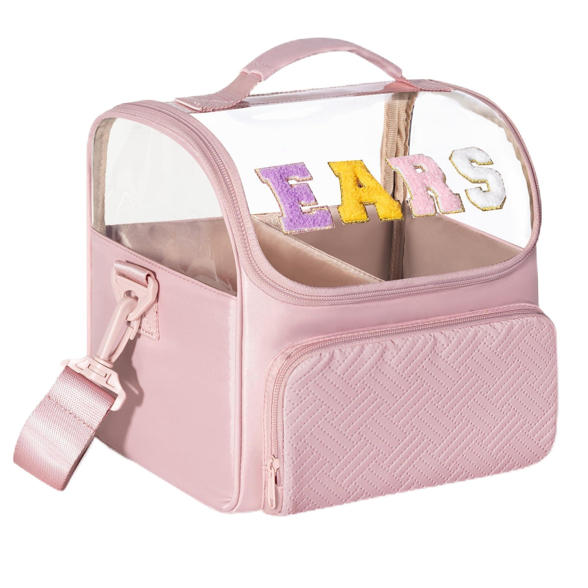 Trahzia front view showing chenille letters and durable nylon for stylish protection