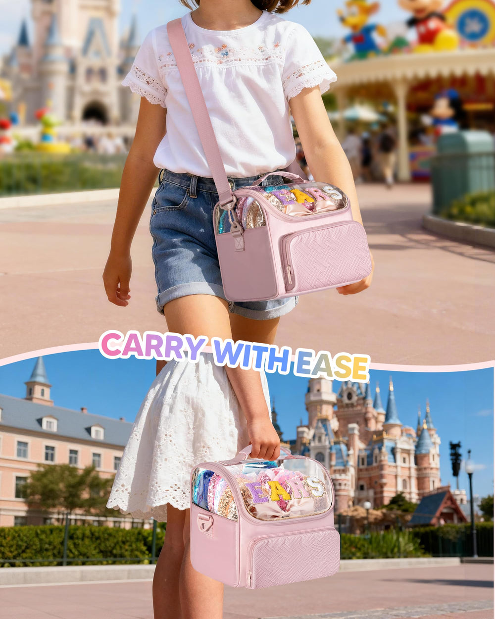 Trahzia mesh pocket and front zipper showing organized storage for accessories