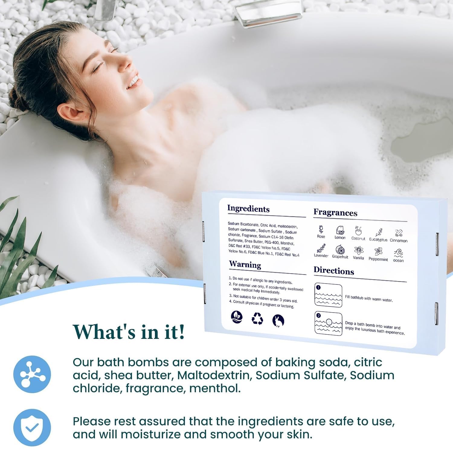 TranquilBliss bath bomb fizzing in tub illustrating relaxing soak benefit