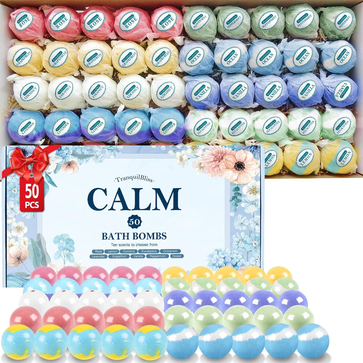 TranquilBliss boxed 50-piece set showing gift-ready presentation and variety