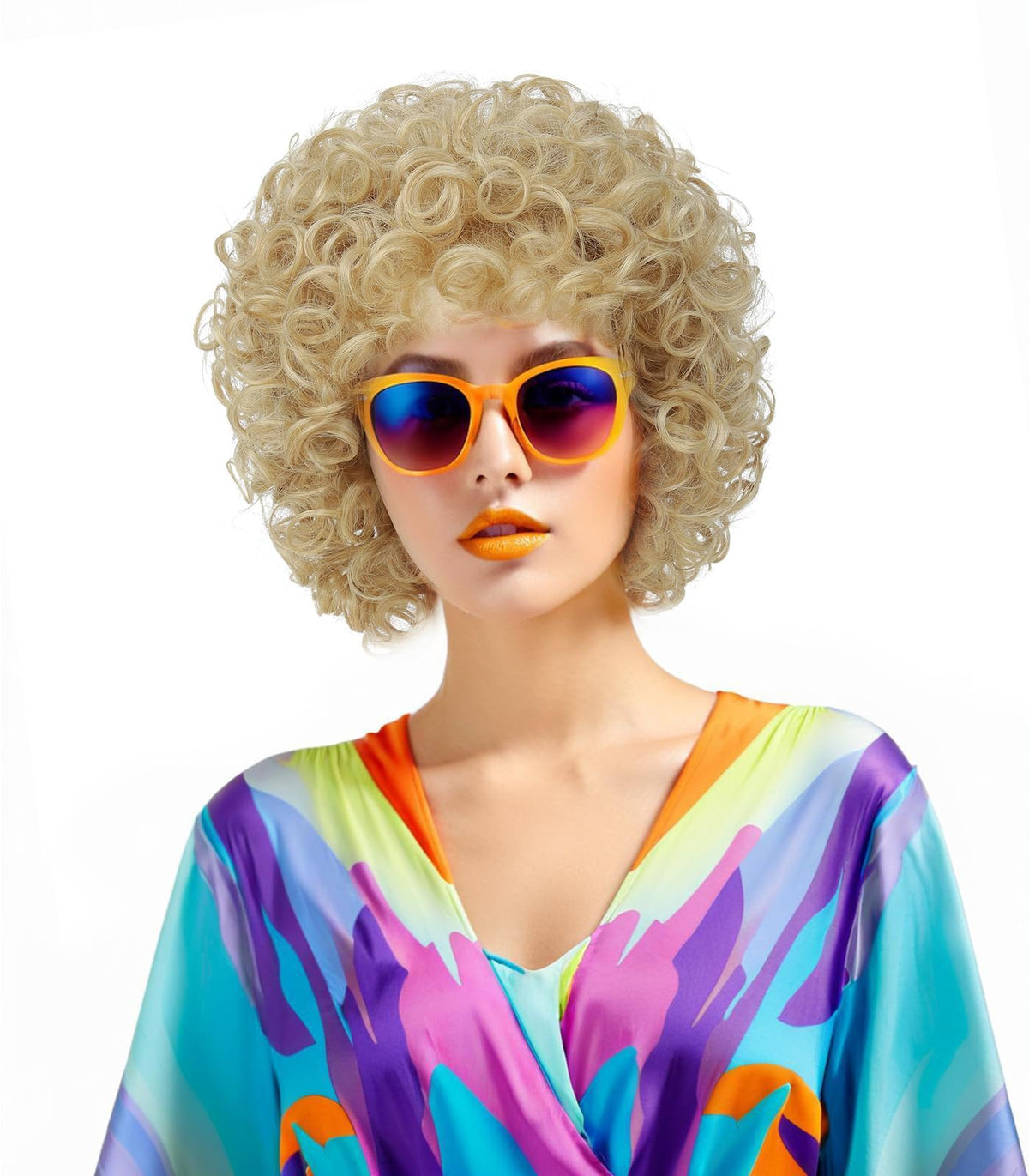 Traqur front view of wig showing light blonde afro and bold volume