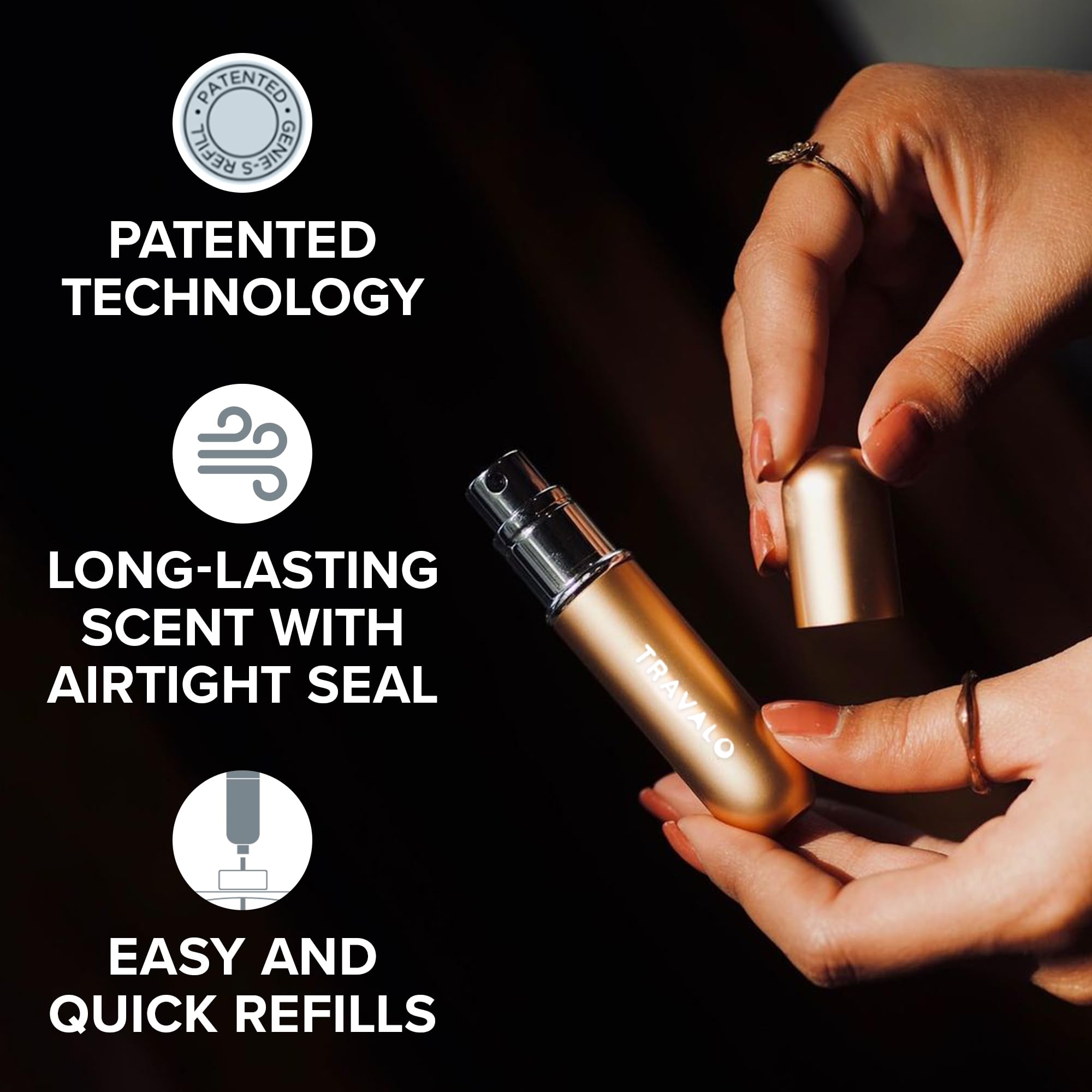 Travalo gold top removed showing spray cap detail and secure closure