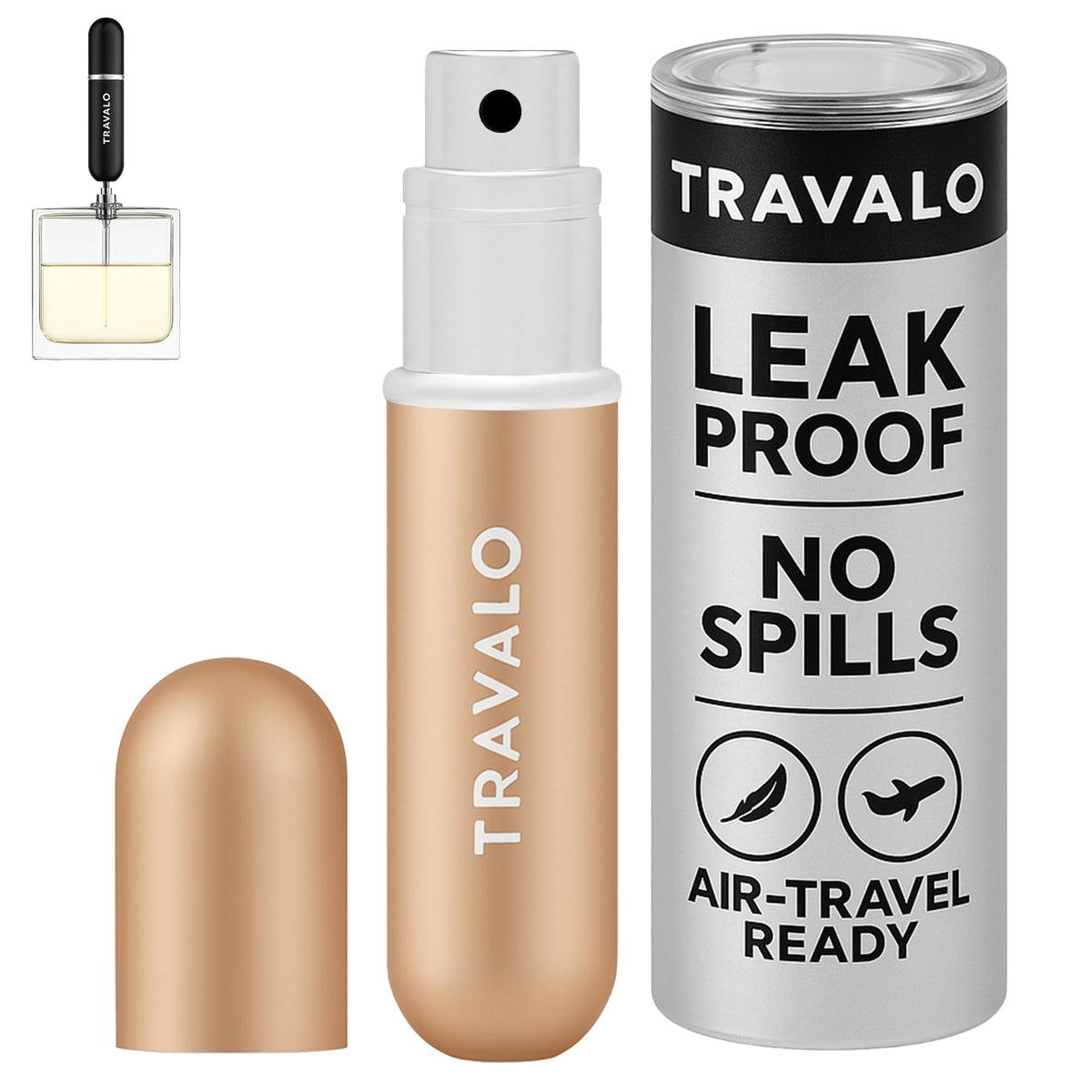 Travalo gold front view showing sleek atomizer and travel-friendly size