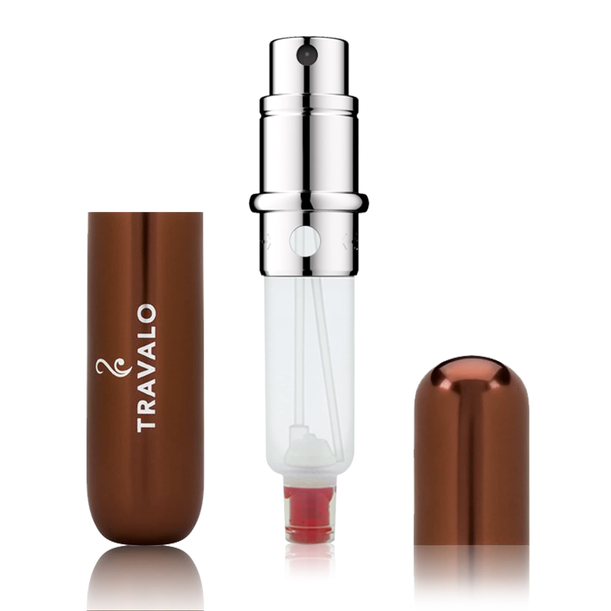 Travalo refilling action on perfume bottle demonstrating easy mess‑free transfer