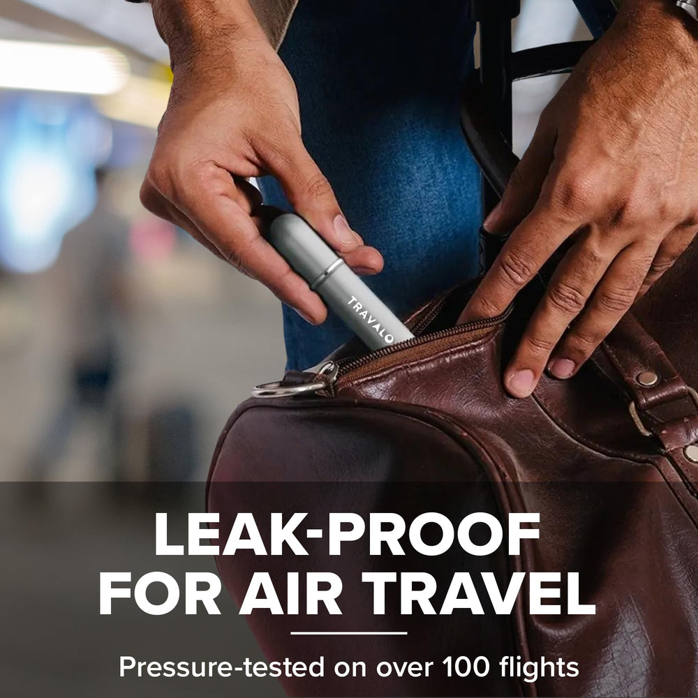 Travalo connected to perfume sprayer showing universal compatibility and tidy transfer benefit
