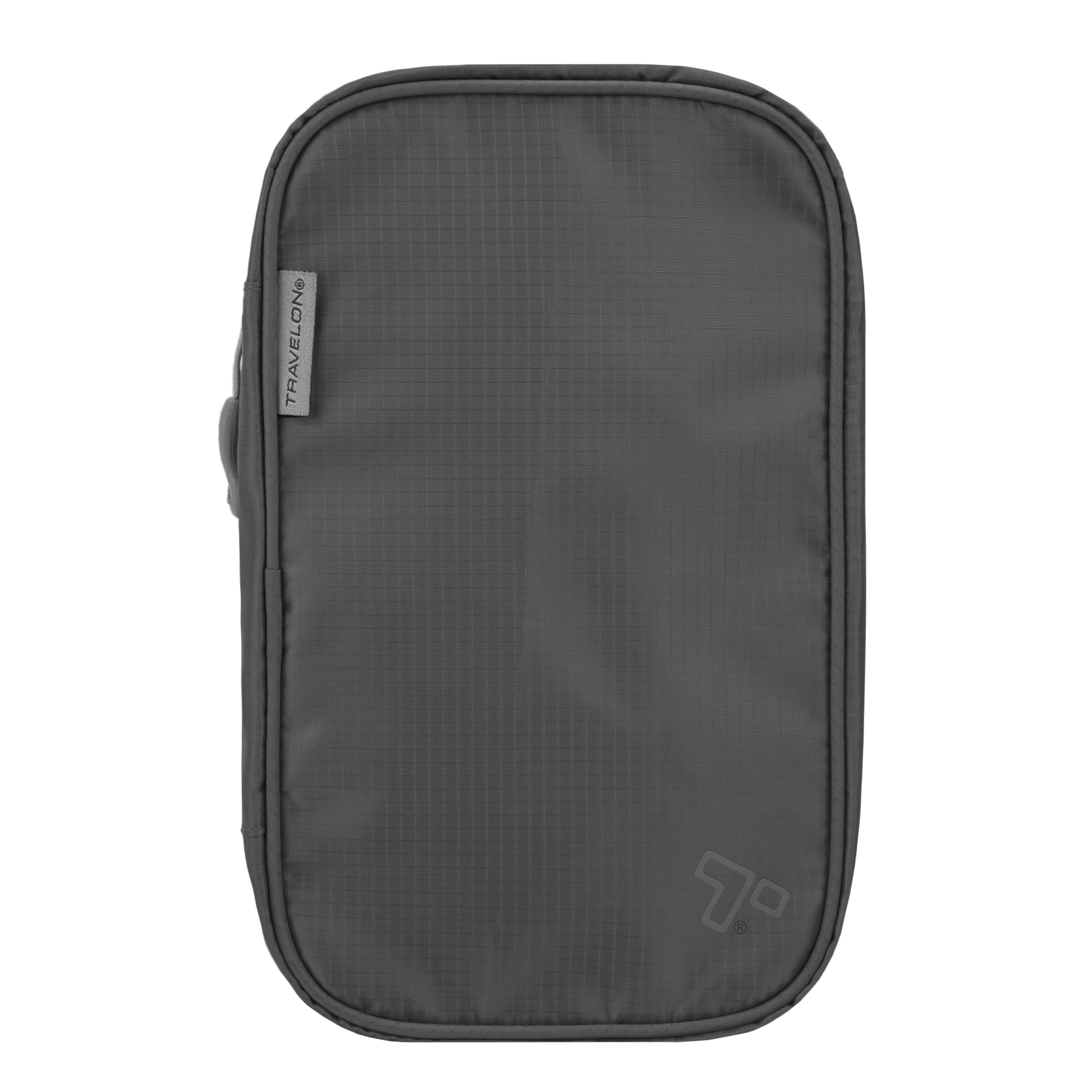 Travelon front view of compact hanging toiletry kit showing organized pockets and portability