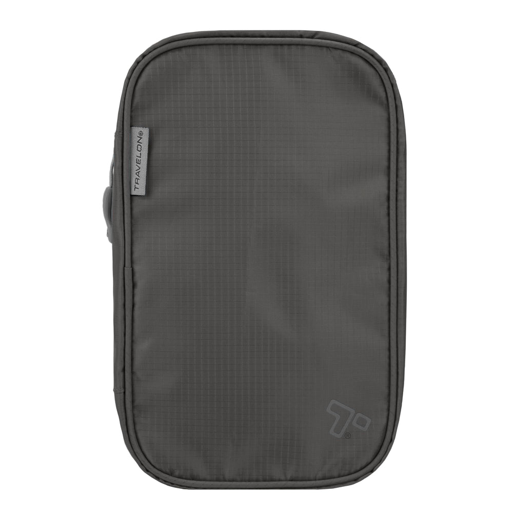 Travelon front view of compact hanging toiletry kit showing organized pockets and portability