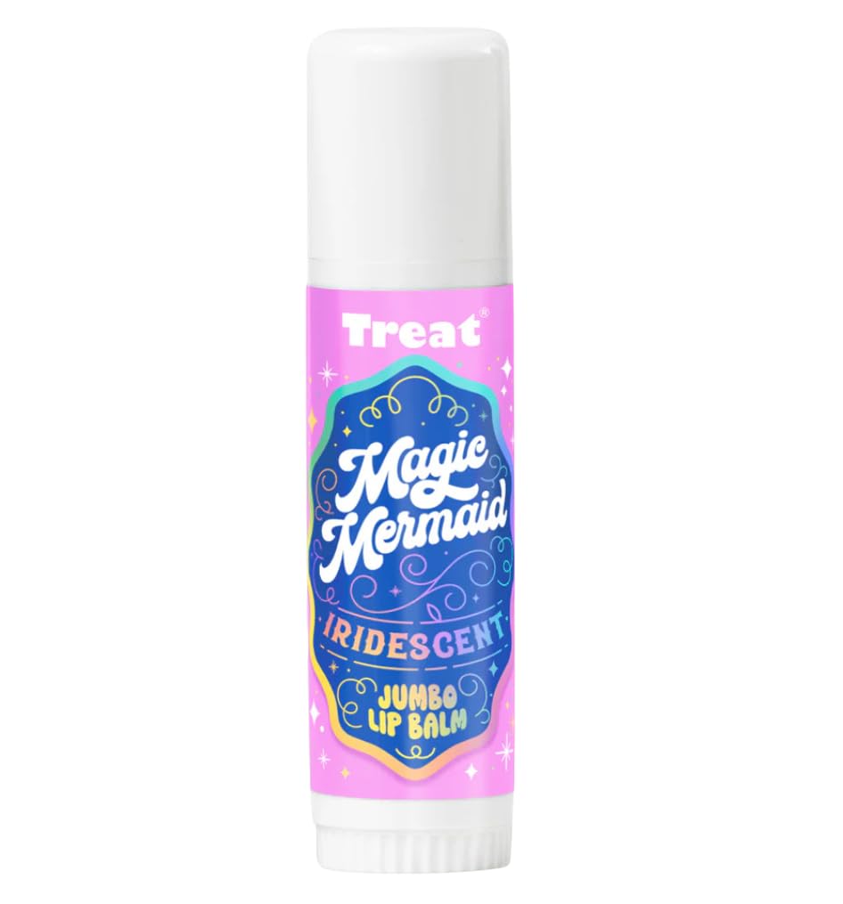TREAT jumbo lip balm front packaging showing iridescent tube and color benefit
