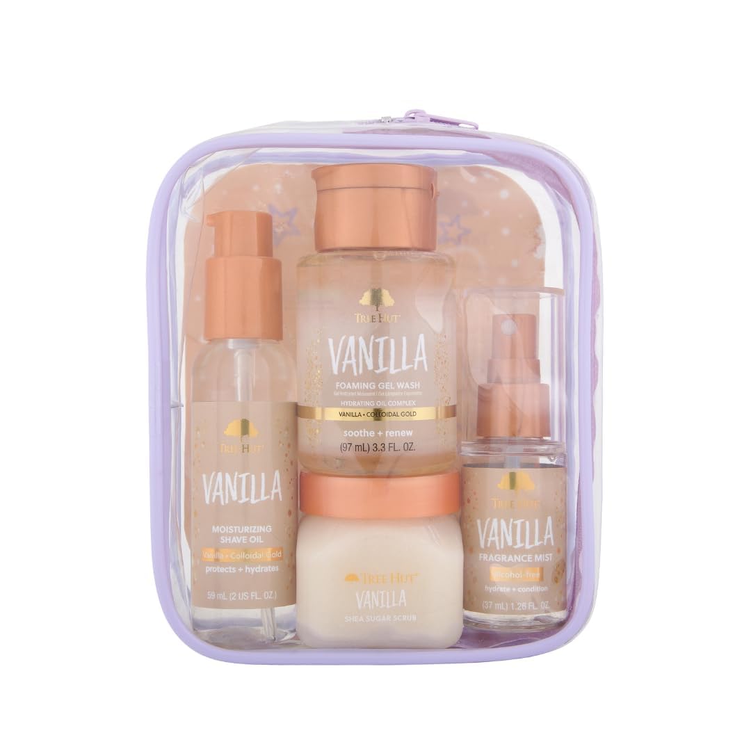 Tree Hut front packaging showing the four-piece travel gift set and warm vanilla scent