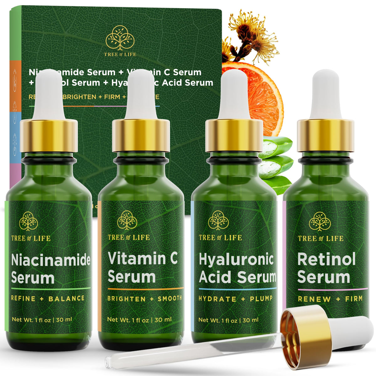 Tree of Life front packaging showing full four-serum kit and benefits