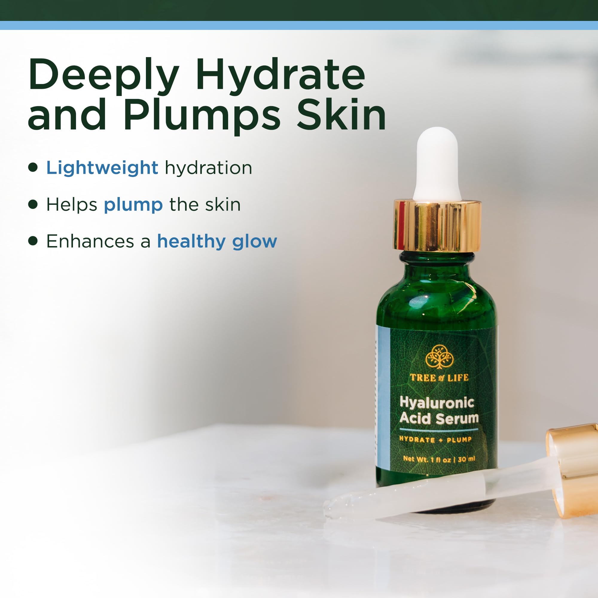 Tree of Life hyaluronic acid droplets on skin demonstrating visible hydration