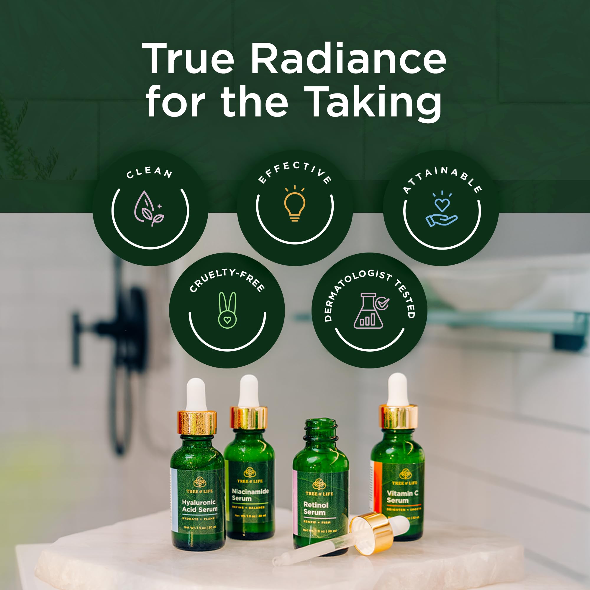 Tree of Life serums styled on a bathroom vanity suggesting daily routine use