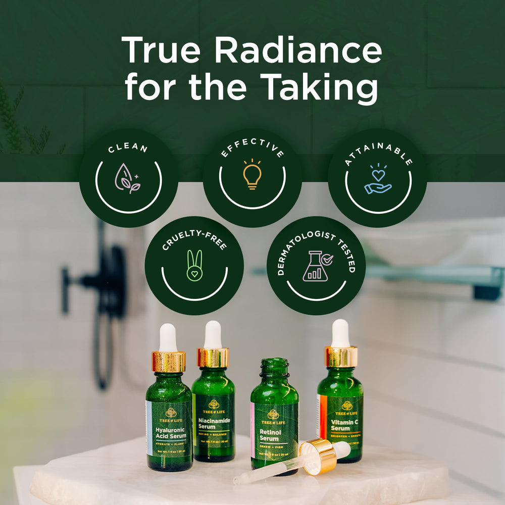 Tree of Life serums styled on a bathroom vanity suggesting daily routine use