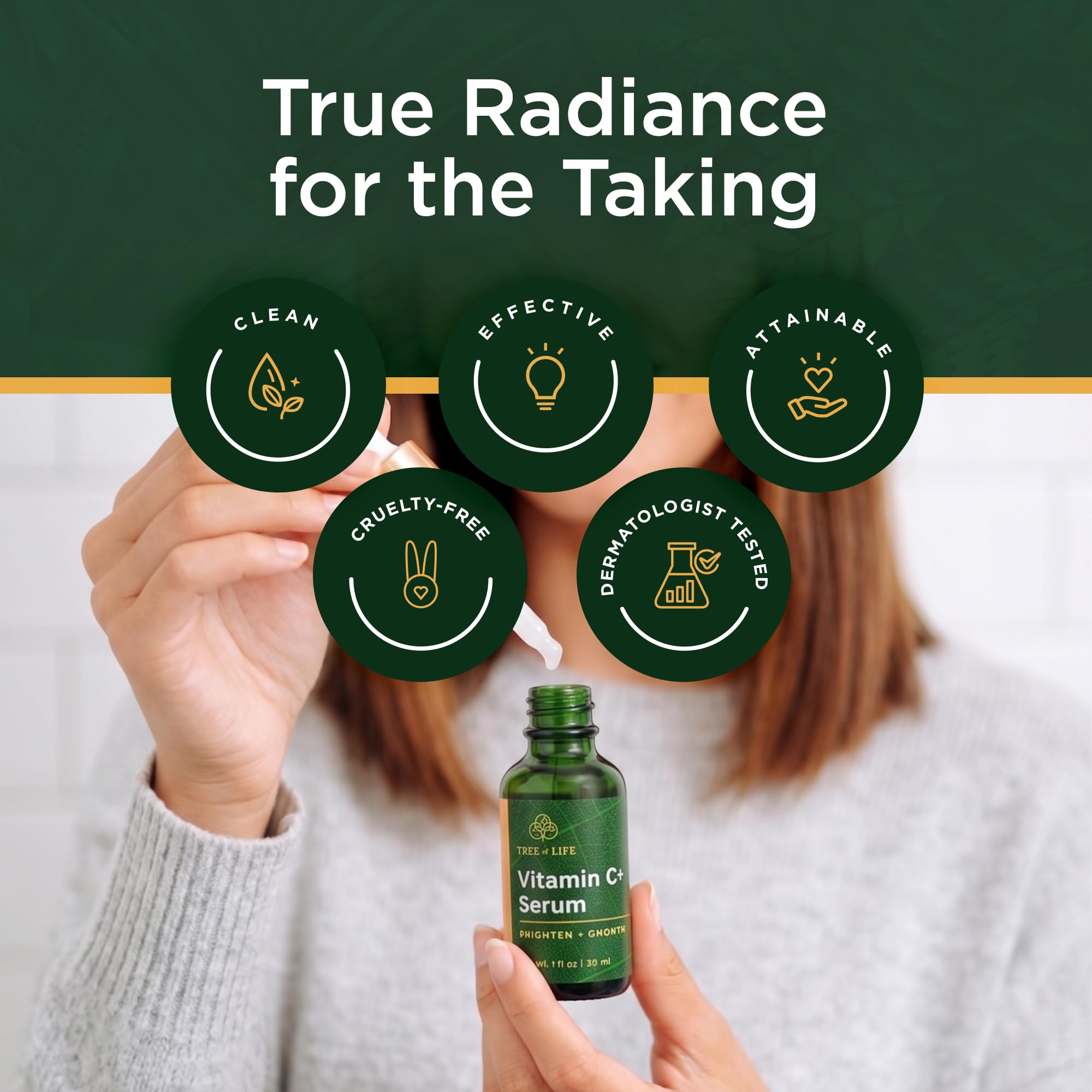 Tree of Life serum on bathroom shelf lifestyle staging for daily routine convenience