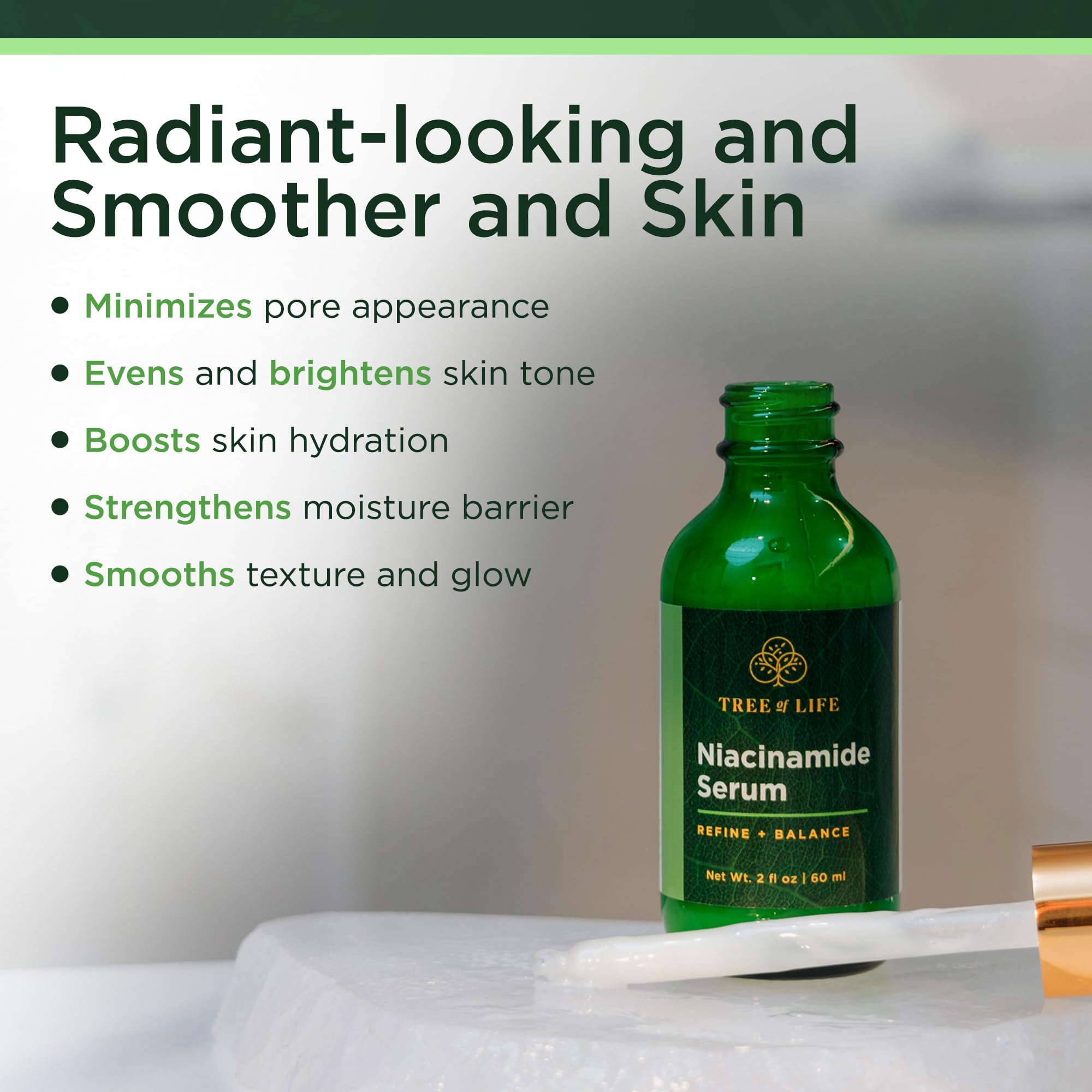 Tree of Life vitamin C serum bottle and label highlighting brightening benefits