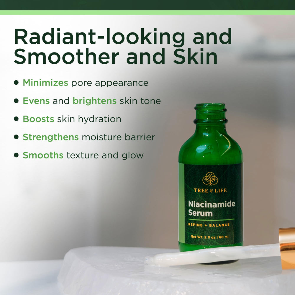 Tree of Life vitamin C serum bottle and label highlighting brightening benefits