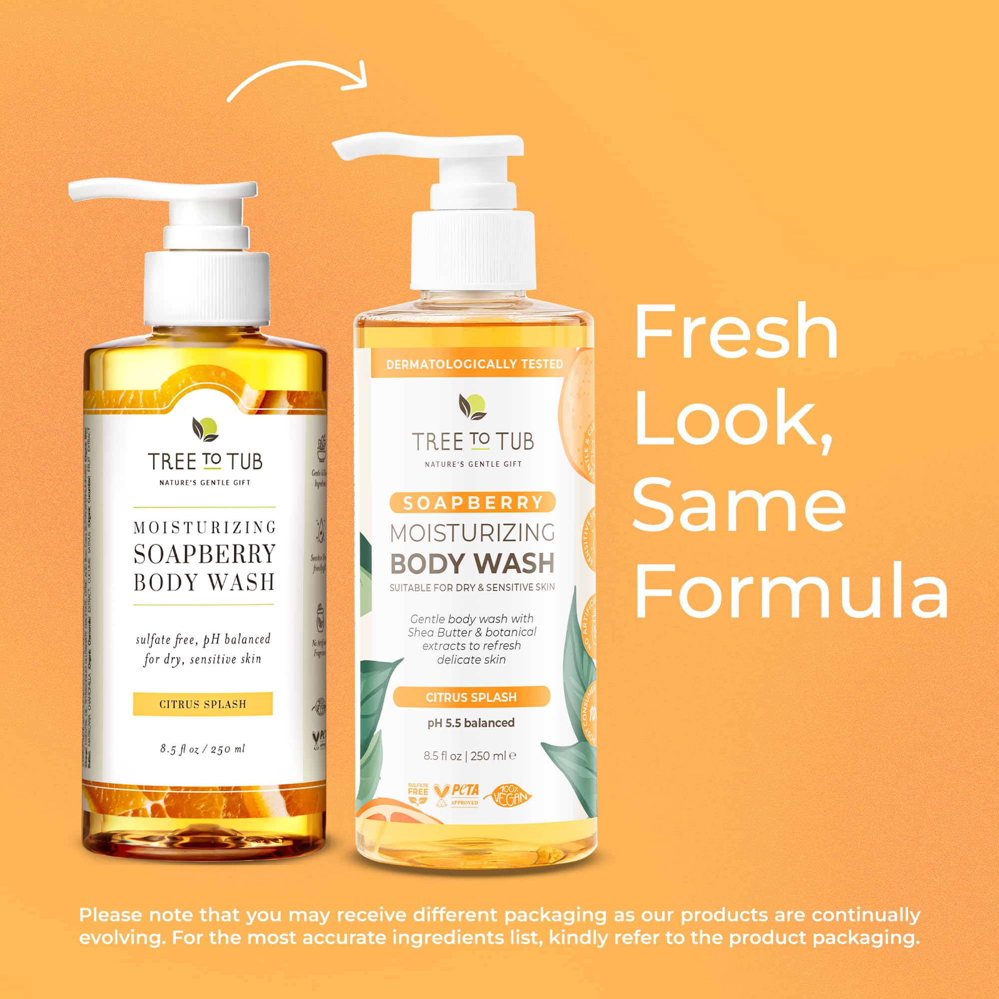 Tree To Tub bottle on shower shelf illustrating pH-balanced soft cleansing