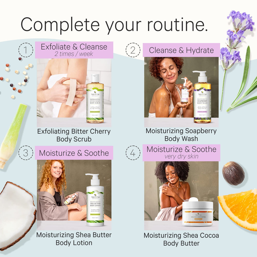 Tree To Tub bottle by tub with towel suggesting relaxing shower benefit