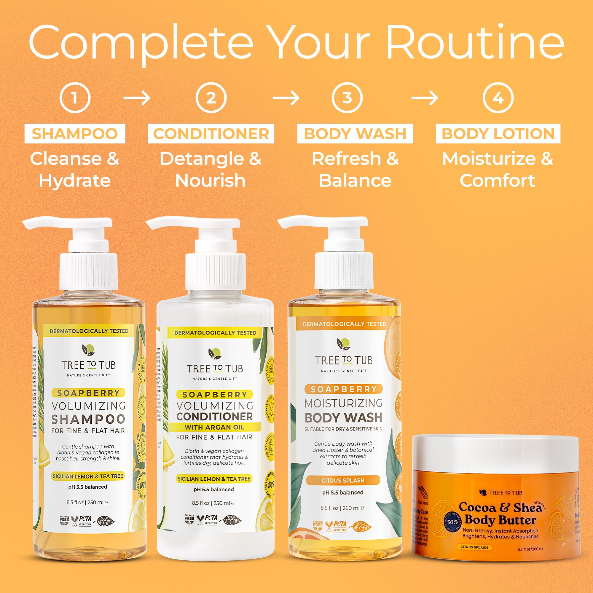 Tree To Tub bottle on bathroom counter in lifestyle shot for daily routine benefit