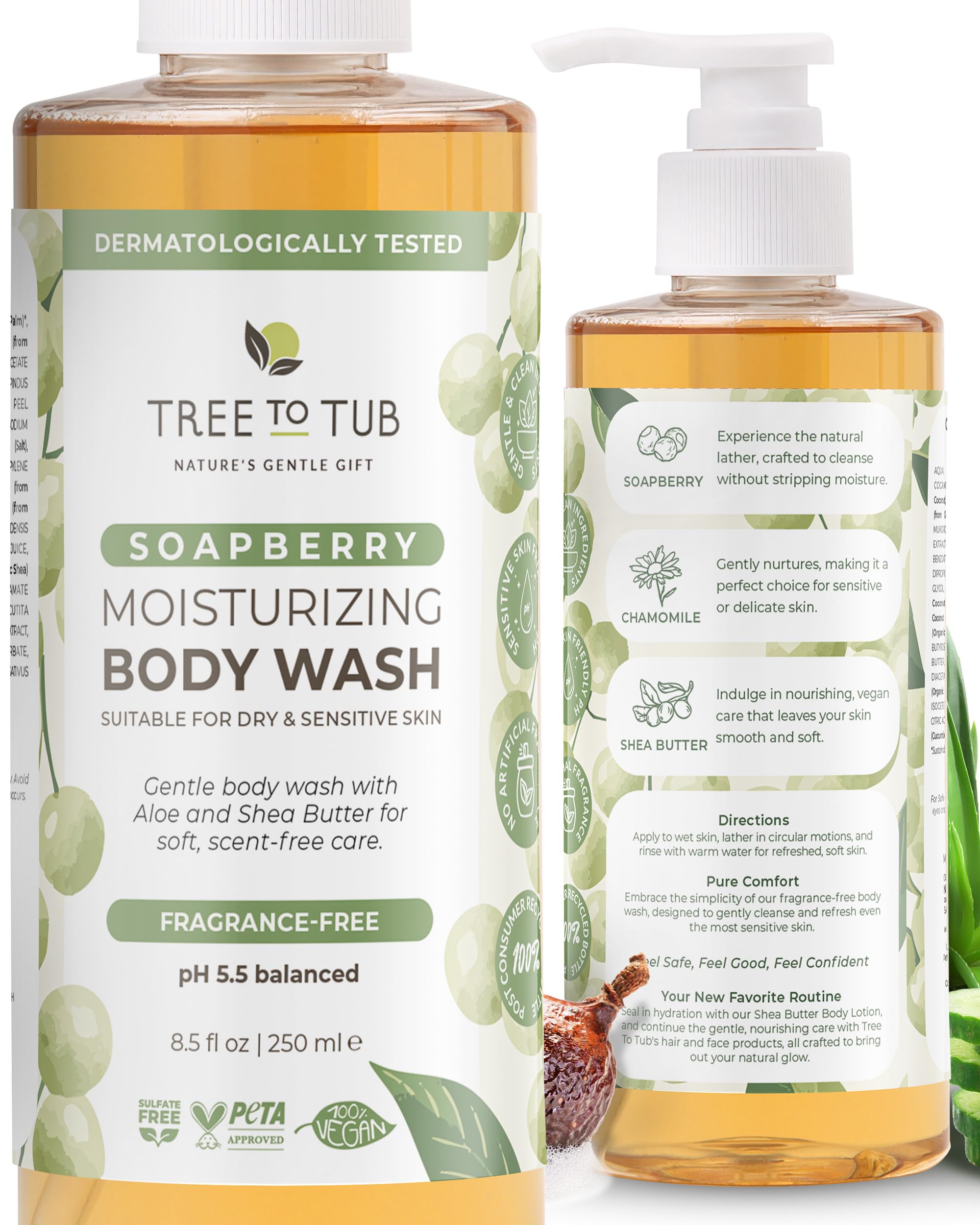 Tree To Tub front packaging showing unscented body wash benefits