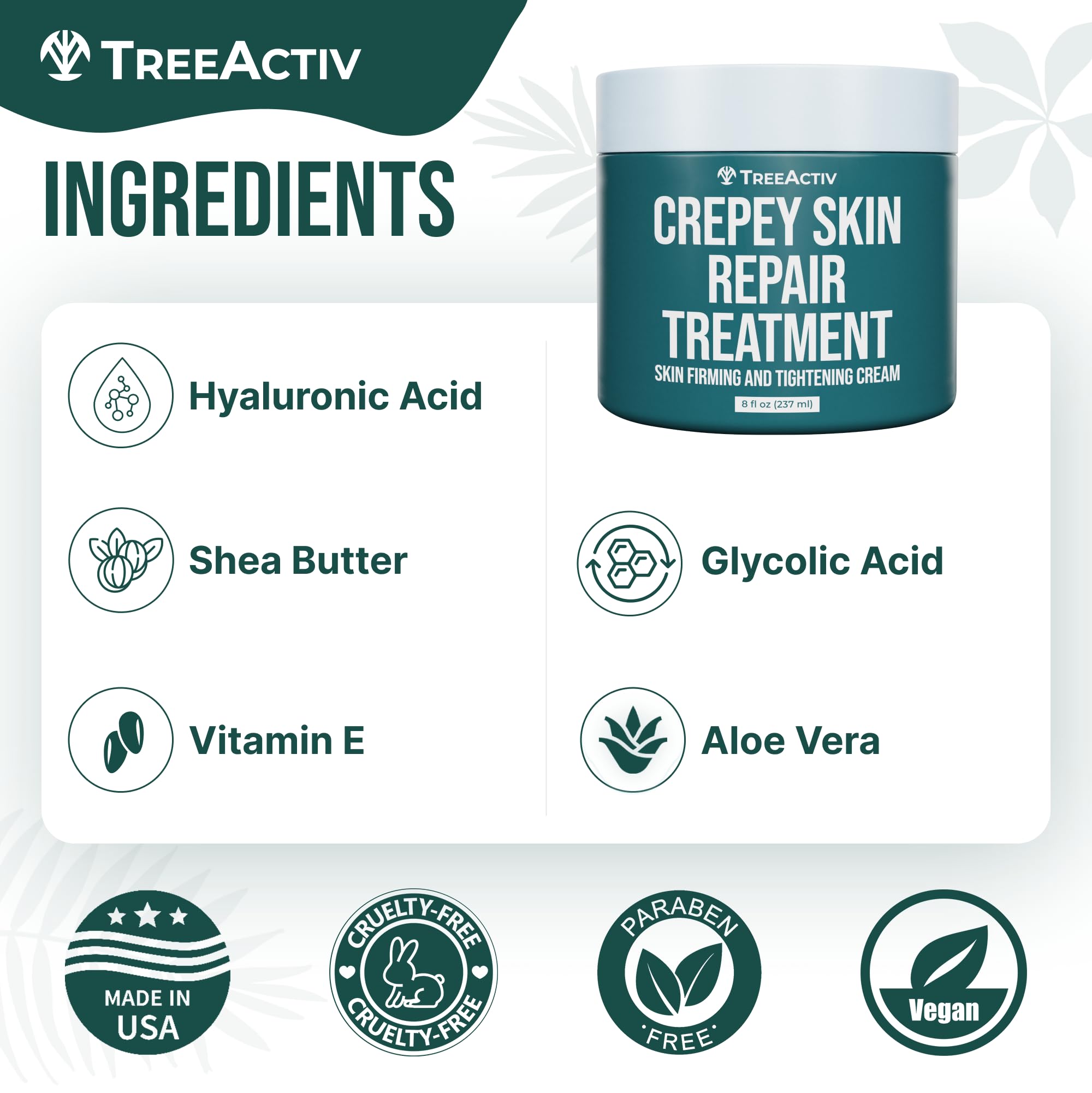 TreeActiv product label highlighting hyaluronic and glycolic acids for texture benefit