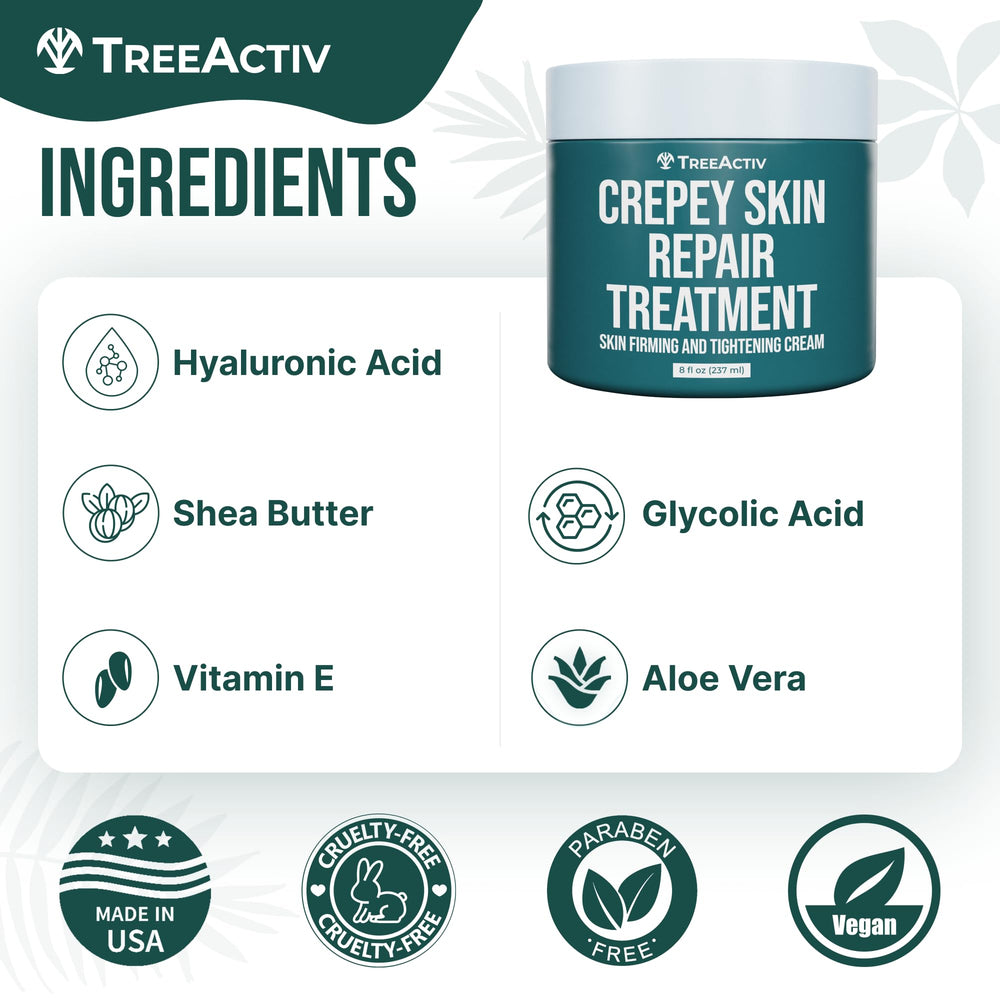 TreeActiv product label highlighting hyaluronic and glycolic acids for texture benefit