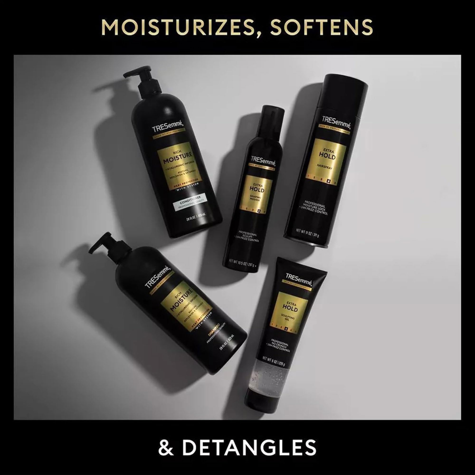 Styled hair on vanity with TRESemmé can nearby showing everyday styling setup