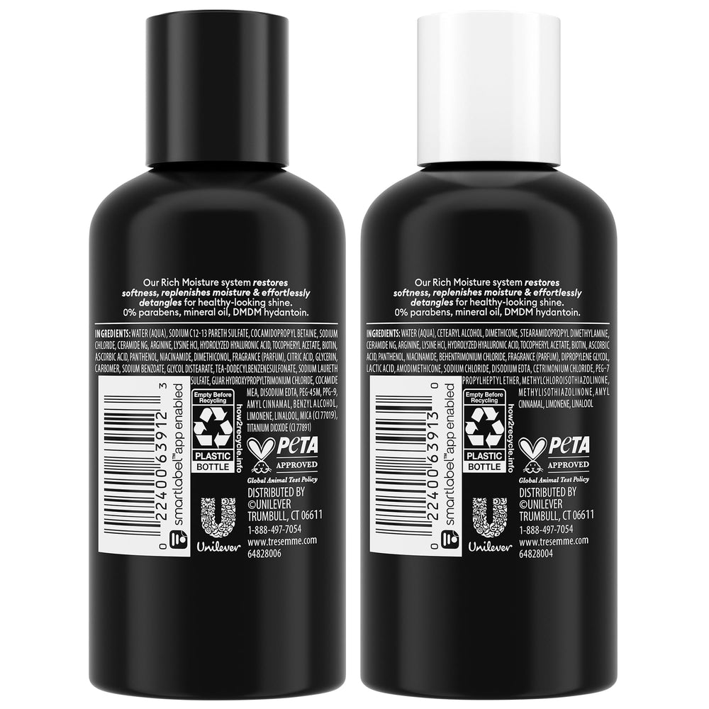 TRESemmé shampoo label close-up highlighting product name and travel-size convenience