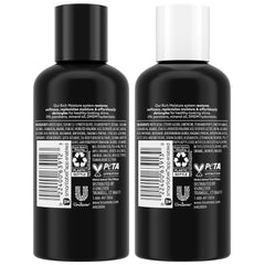 TRESemmé shampoo label close-up highlighting product name and travel-size convenience