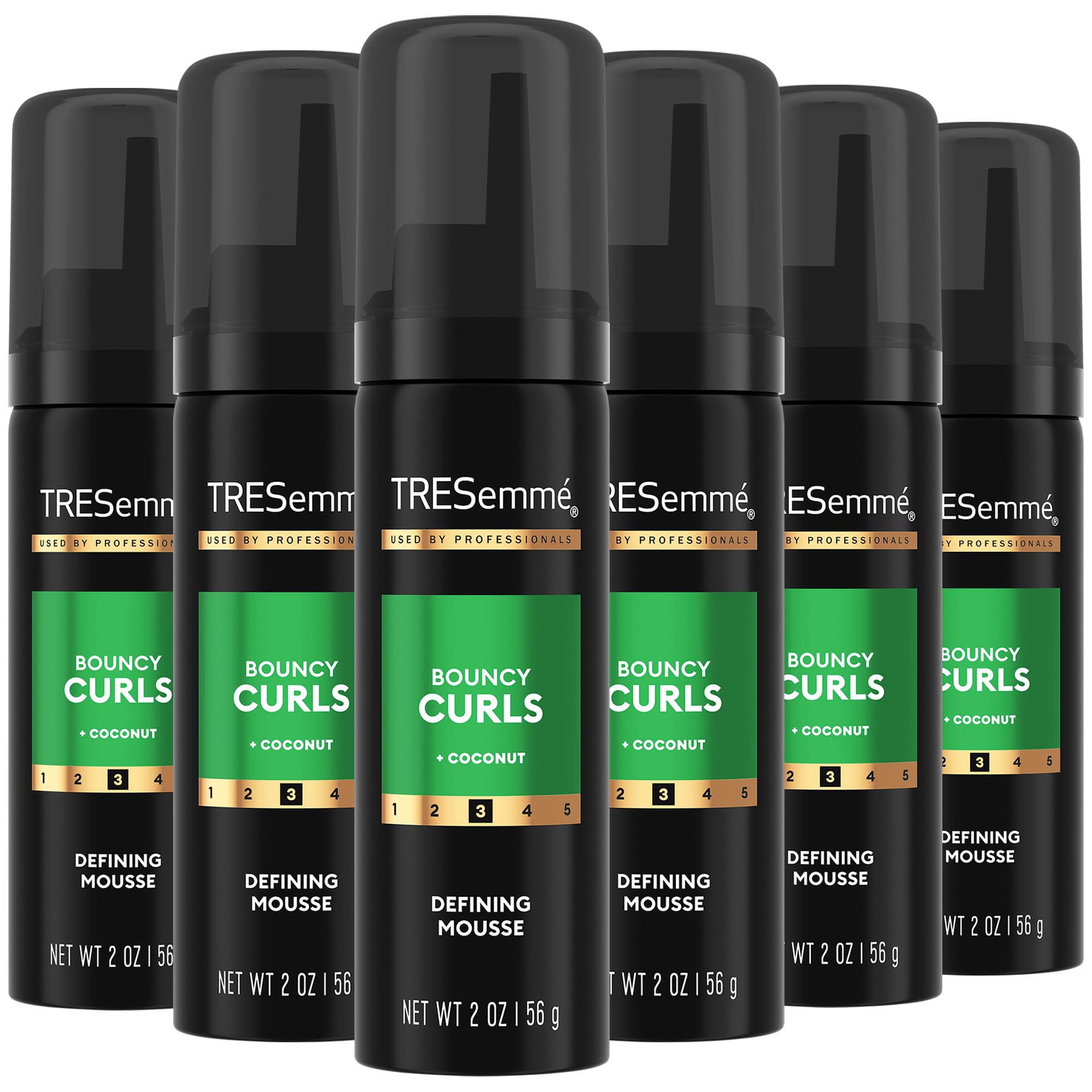 TRESemmé front packaging of six travel-size mousse cans showing compact convenience