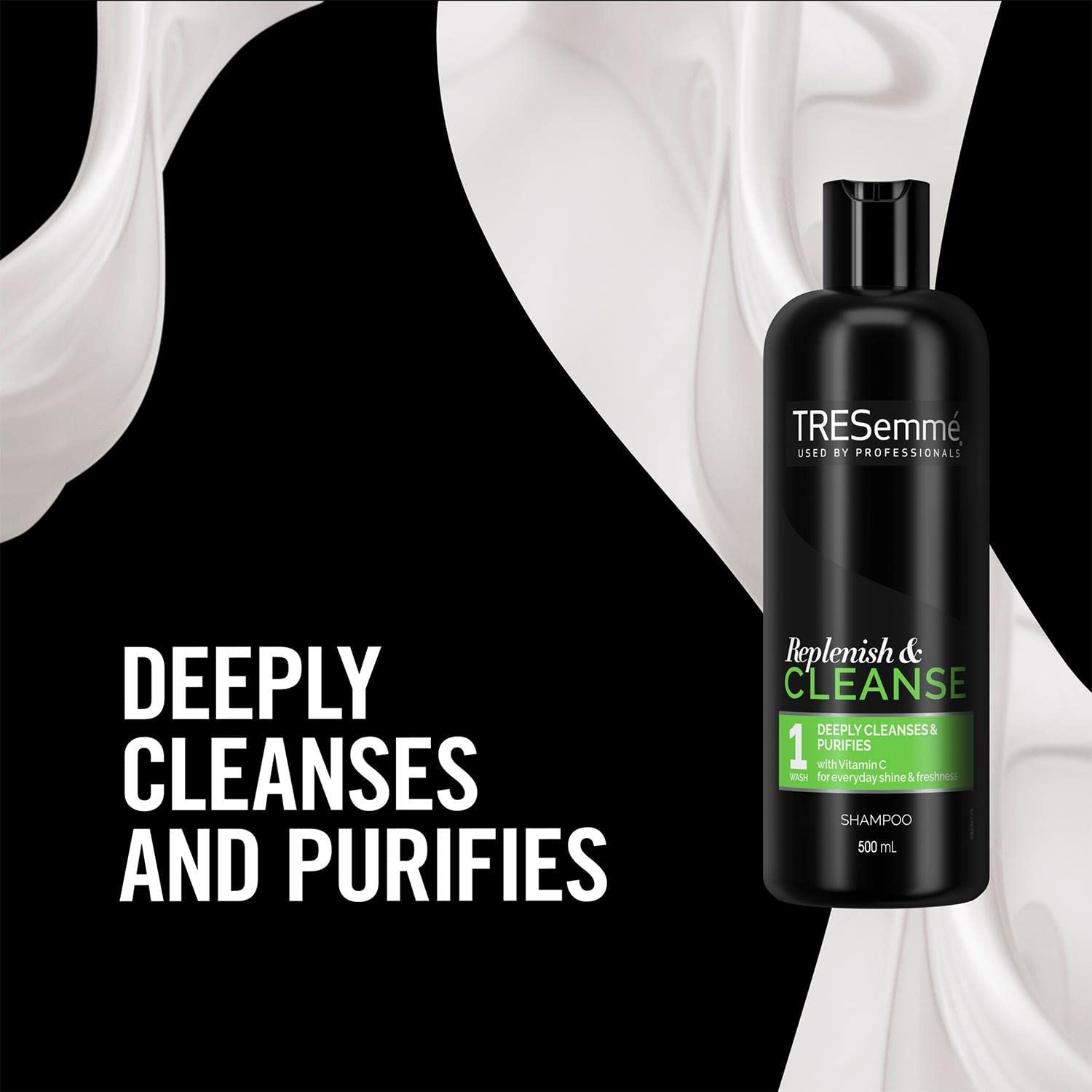 TRESemmé bottle next to everyday items showing 500ml size and long-lasting value