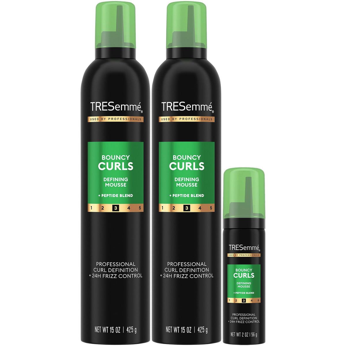 TRESemmé front packaging showing 2 full-size cans and travel benefit