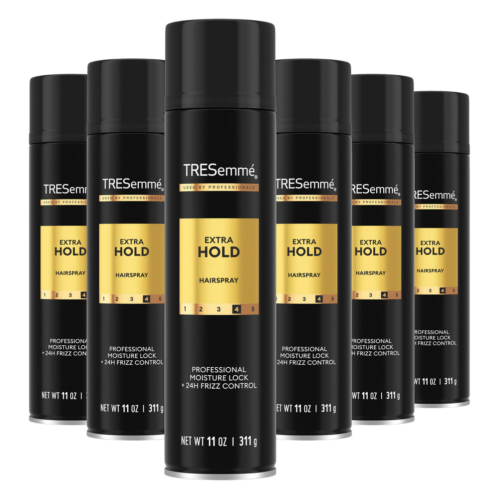 TRESemmé front packaging shows 11 oz can delivering long-lasting hold