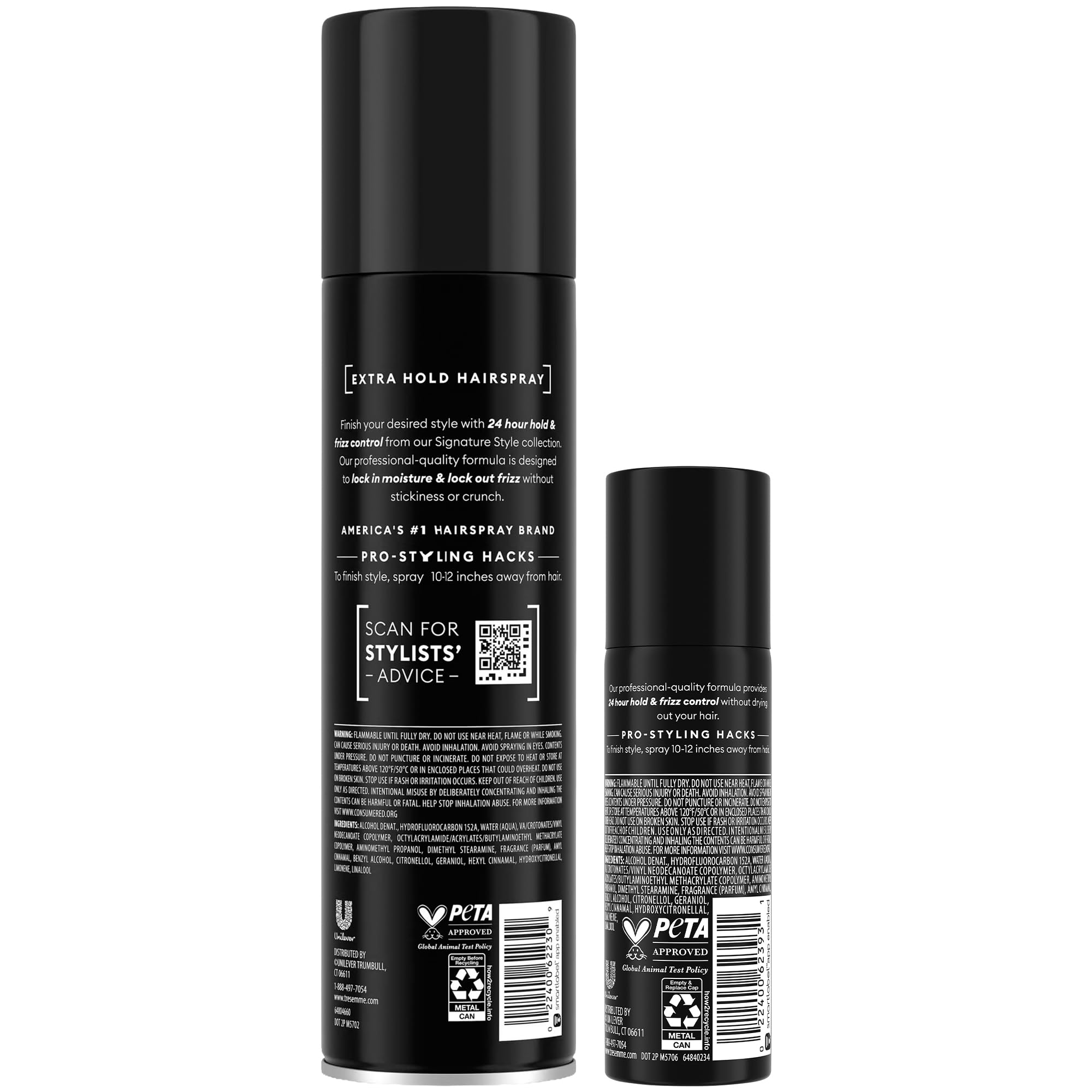 TRESemmé travel spray beside full-size can for easy portability and touch-ups