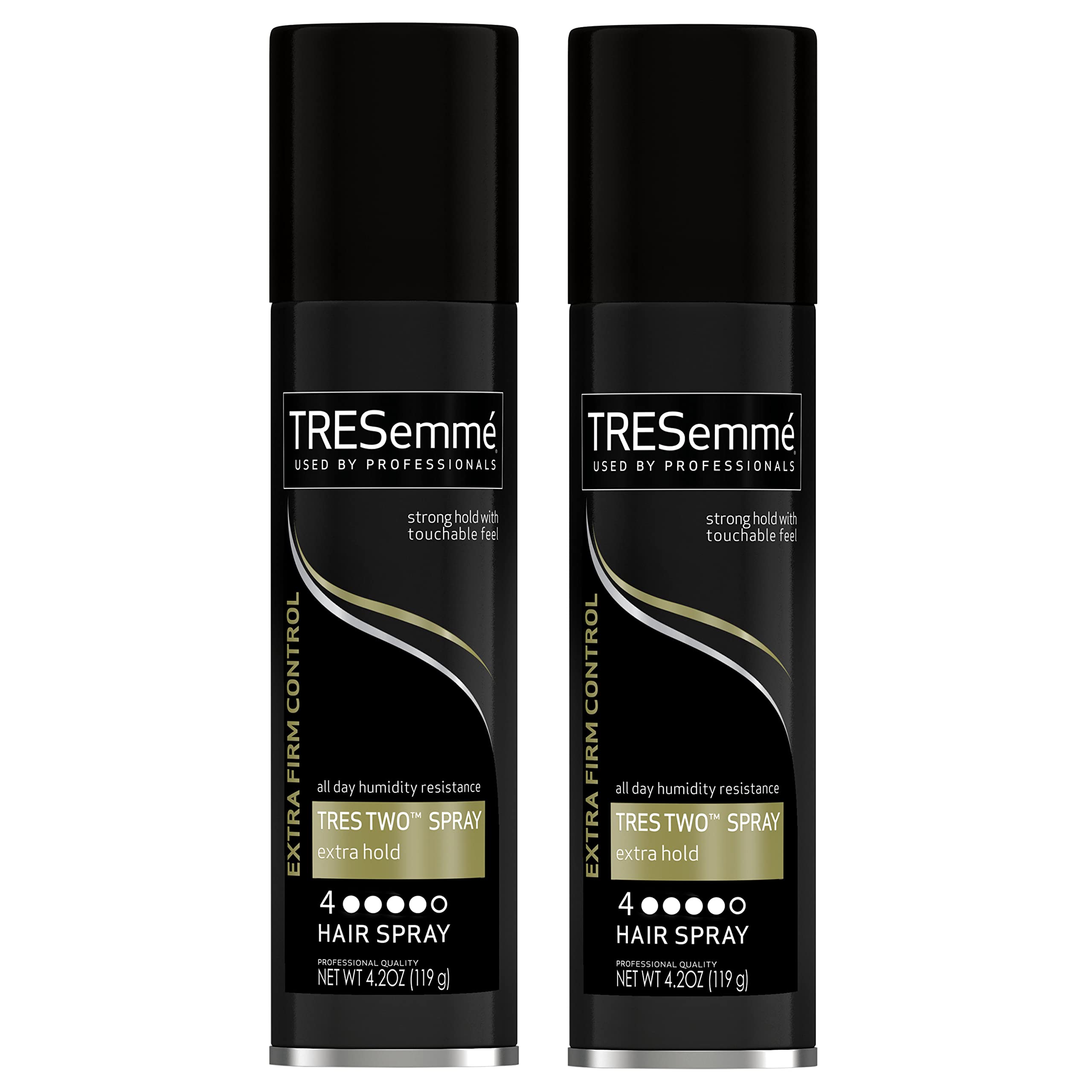 TRESemmé front packaging showing compact cans and strong hold benefit