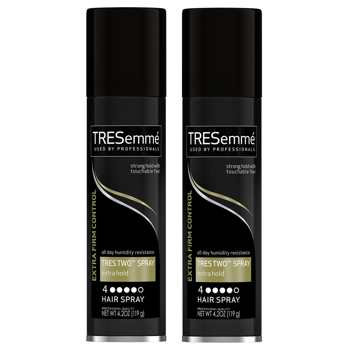 TRESemmé front packaging showing compact cans and strong hold benefit